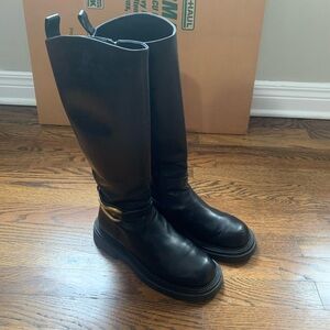 Zara Black Genuine Leather Knee-High Riding Boots with Gold Buckle Size EU 40